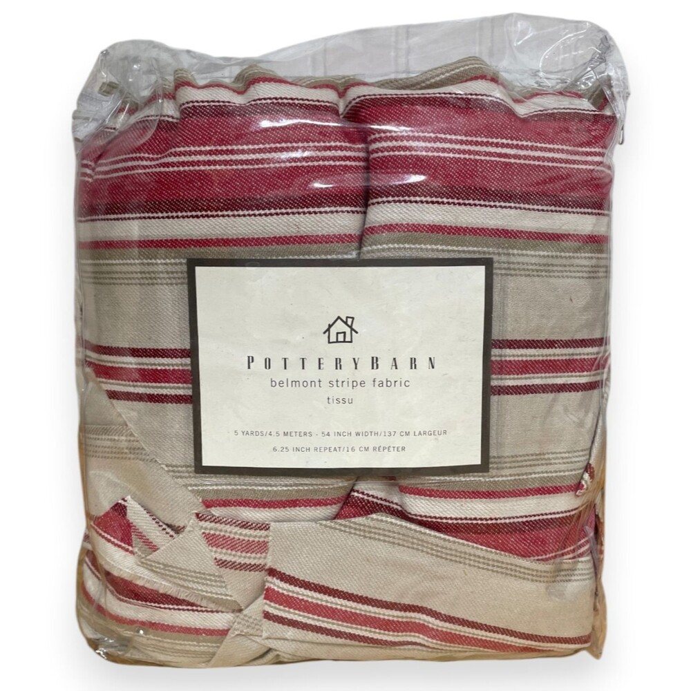 Pottery Barn Upholstery Fabric Belmont Stripe Linen Cotton Red Beige Tan 5 Yards